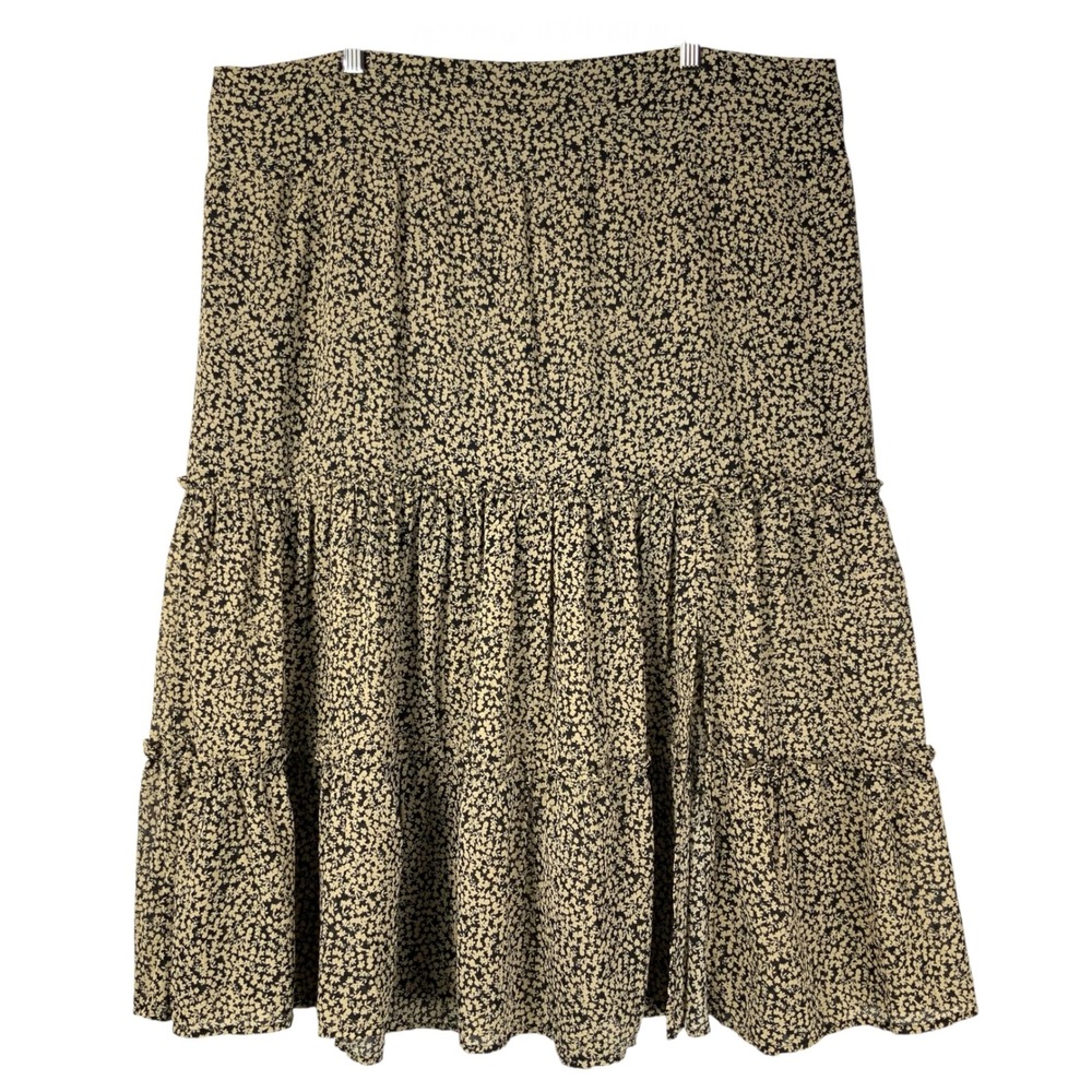 Arula Black Tan Floral Tiered Midi Peasant Skirt B 2X Smocked Waist Pull On